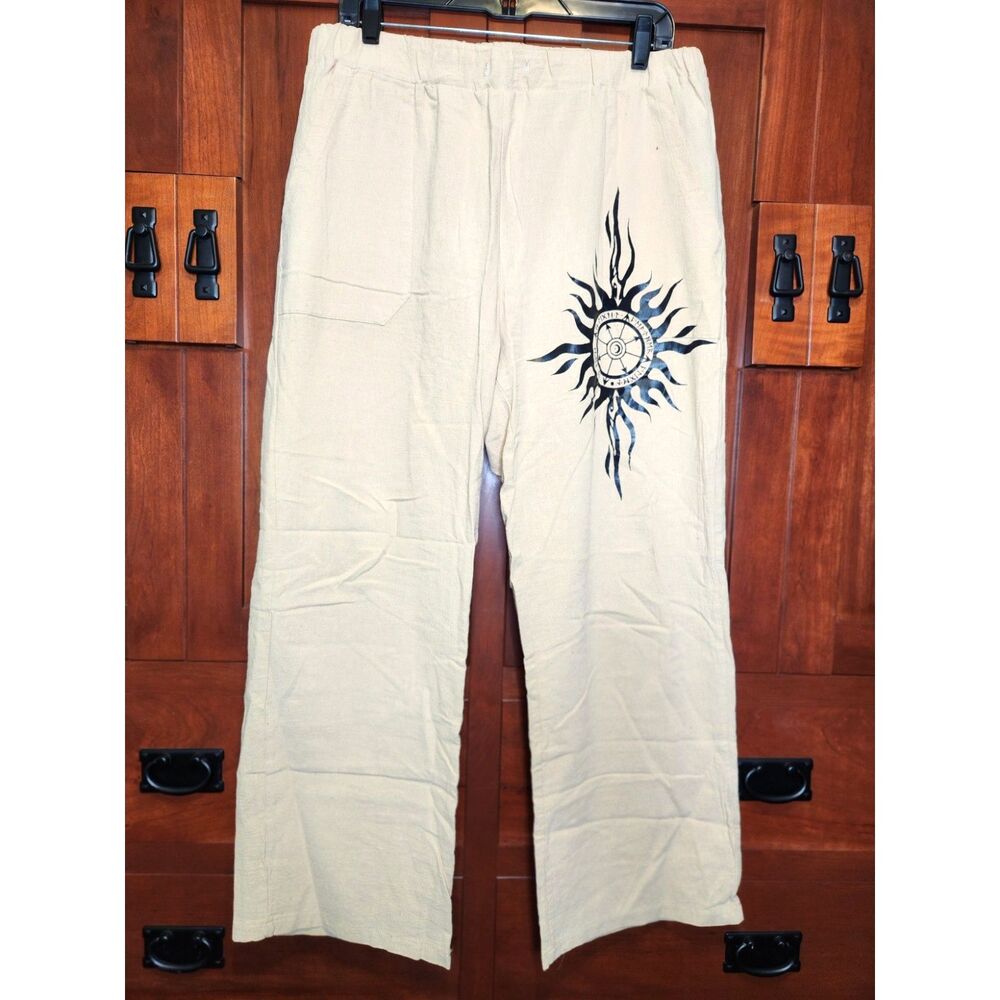 100% Cotton Gaucho Cream Pants w/ Chaotic Sun Compass on Leg Women's Size XL